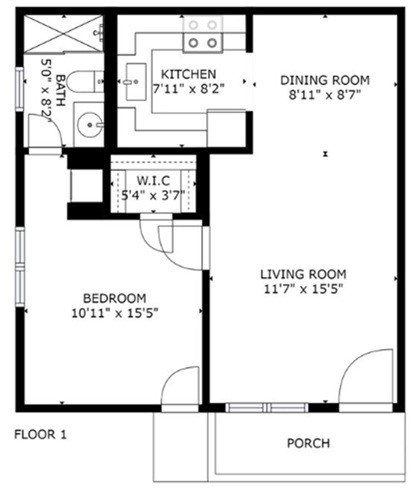 Floor plan for 1 bed, 1 bath, 625 sqft